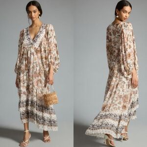 Anthropologie Cream Floral V-Neck Maxi Blouse Dress